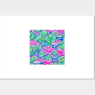 Lilly Pulitzer inspired waterlilies on evening pond Posters and Art